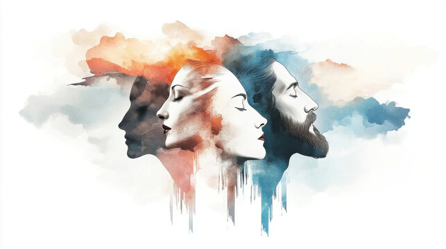 Conceptual depiction of the four living creatures from the Book of Revelation, each symbolizing divine attributes, surrounding God&rsquo;s throne in a vision of heavenly worship. Digital watercolor illustra