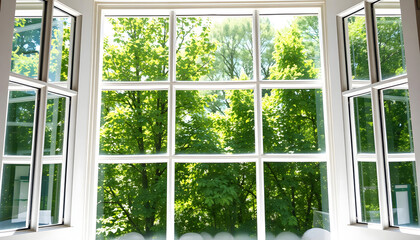Open windows with a view of lush green trees outside, symbolizing fresh air, tranquility, and nature indoors, ideal for interior design, nature-inspired living, and wellness