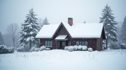 Сharming cottage buried under a heavy blanket of snow, with icicles hanging from the eaves, showcasing the beauty of winter.