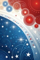 Fototapeta premium Abstract Patriotic Background With USA Flag, Stars, And Circular Patterns In Red, White, And Blue. Suitable For Fourth Of July, Independence Day, And American Holidays. Ideal For Marketing 