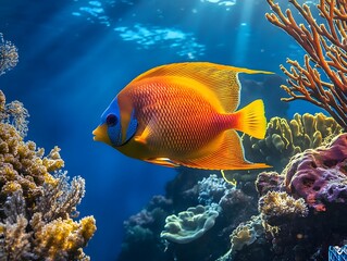 Naklejka premium A magnificent tropical fish swimming through a coral reef