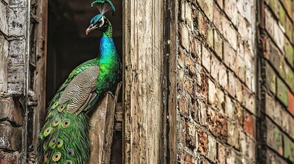 Obraz premium A peacock perched on a window sill next to a brick building with a bird also on the sill