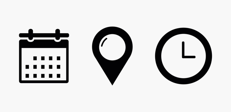 Time, date and address or location icons. Time, date and address vector collection