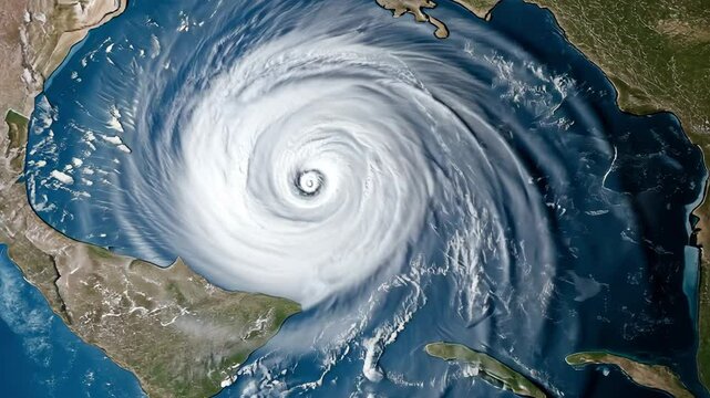A strong hurricane is forming, demonstrating a well defined eye and extensive cloud cover over coastal regions, aerial view