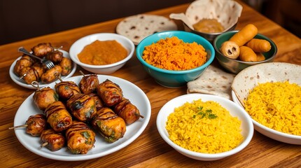 Close-Up of Indian Cuisine Dishes Served on a Wooden Table