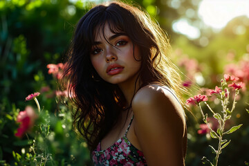 Naklejka premium A woman in a floral dress standing in a field of flowers
