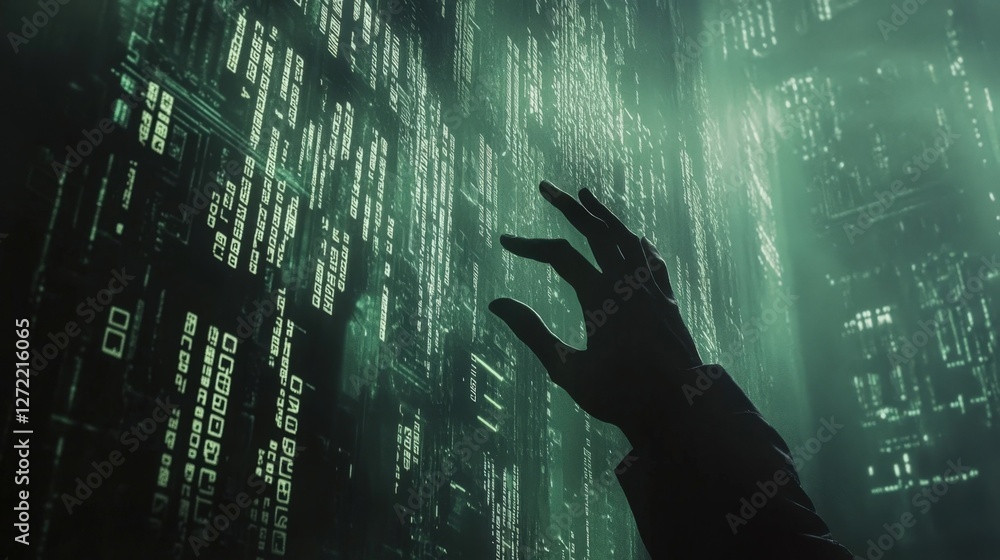 Poster hand reaching out and touching projected computer code on a futuristic screen, suggesting hacking, c