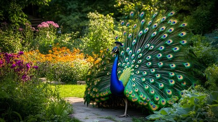 Obraz premium A majestic peacock setting up its tail in a garden