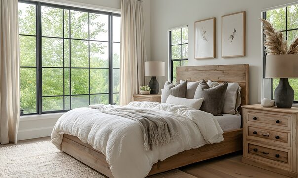 Fototapeta Serene bedroom with large windows overlooking lush greenery and natural wooden furniture