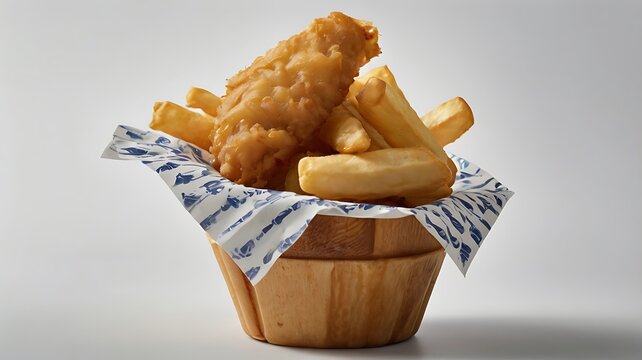 Extreme closeup of fish and chips in a wooden bowl with decorative paper lining - Powered by Adobe