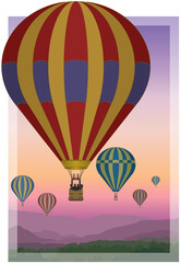 Fototapeta premium gathering of hot air balloons floating above scenic landscape during a beautiful sunset