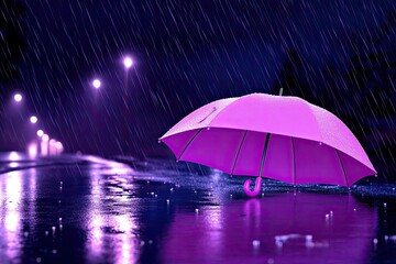 Pink Umbrella Alone in Night Rain