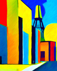 Colorful European Cityscape with Tower and Sun