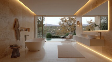 Fototapeta premium Modern freestanding bathtub in a luxurious travertine bathroom with warm cove lighting opening to an outdoor pool.