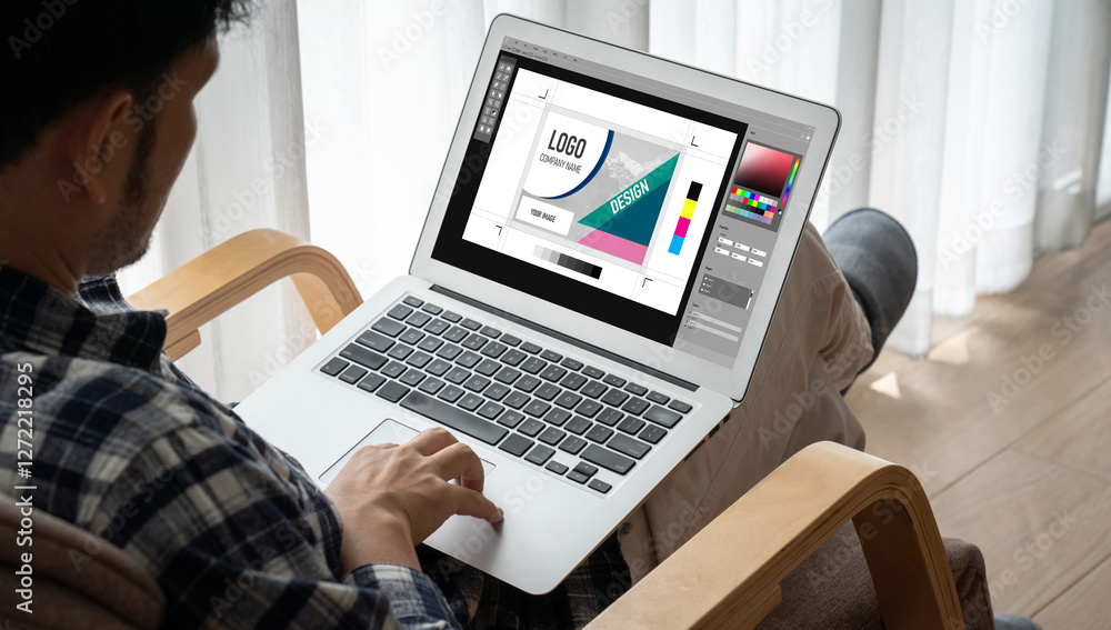 Aufkleber graphic designer software for modern design of web page and commercial ads showing on the computer s