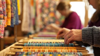 A lively demonstration of textile art is underway with fiber artists weaving colorful threads on looms. The softly blurred backdrop of fabric samples and hanging art adds depth to the