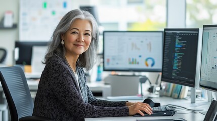 Confident mature businesswoman using computer in modern office, working with data and charts on multiple monitors
