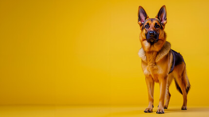 A german shepherd dog standing in front of a yellow background