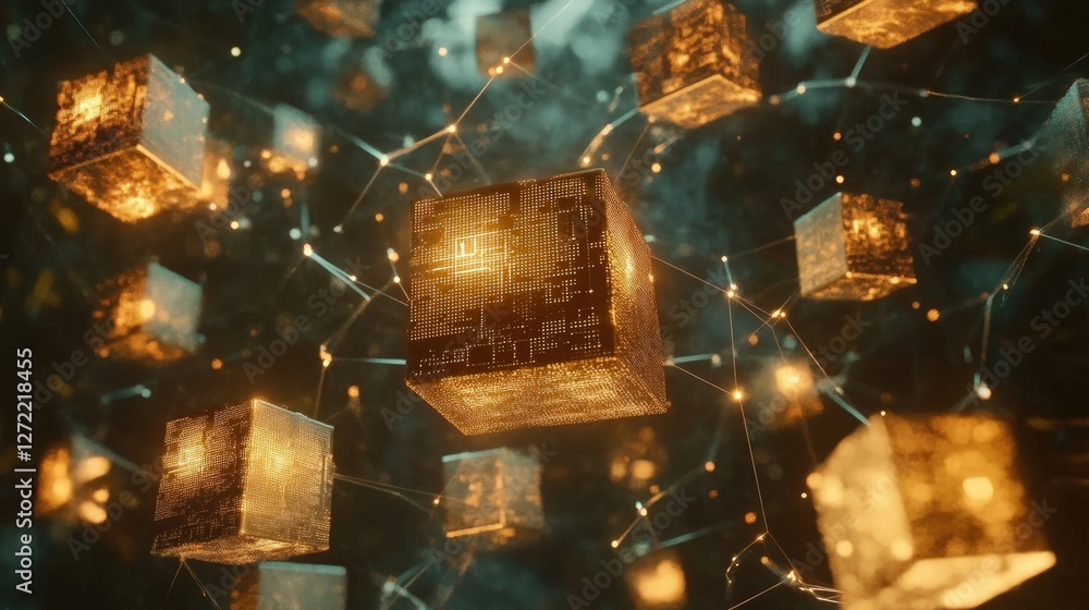 Poster complex network of interconnected golden cubes exchanging data, symbolizing blockchain technology, c