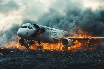 Crisis unfolds as airplane catches fire amidst intense smoke and flames on the runway