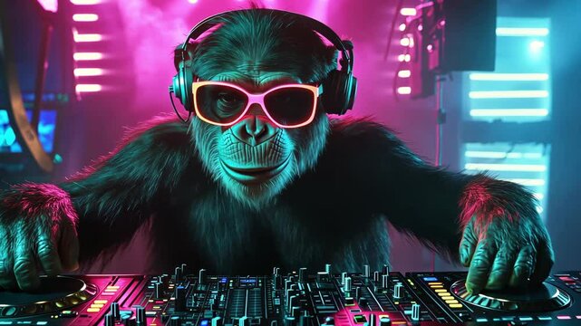 A monkey wearing sunglasses plays music at a nightclub filled with vibrant lights and energetic ambiance, creating a festive experience