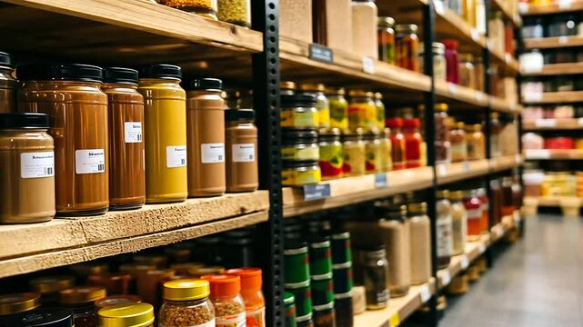 A detailed shot of canned goods with clear labels, neatly stacked on a wooden pallet in a clean and well-organized storage area
