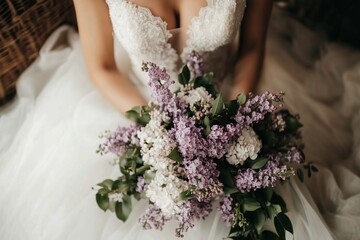 bride in a beautiful classic gown with lilac branches as bridal bouquette