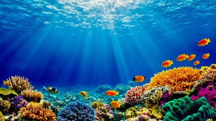 Obraz premium A group of fish swimming over a coral reef