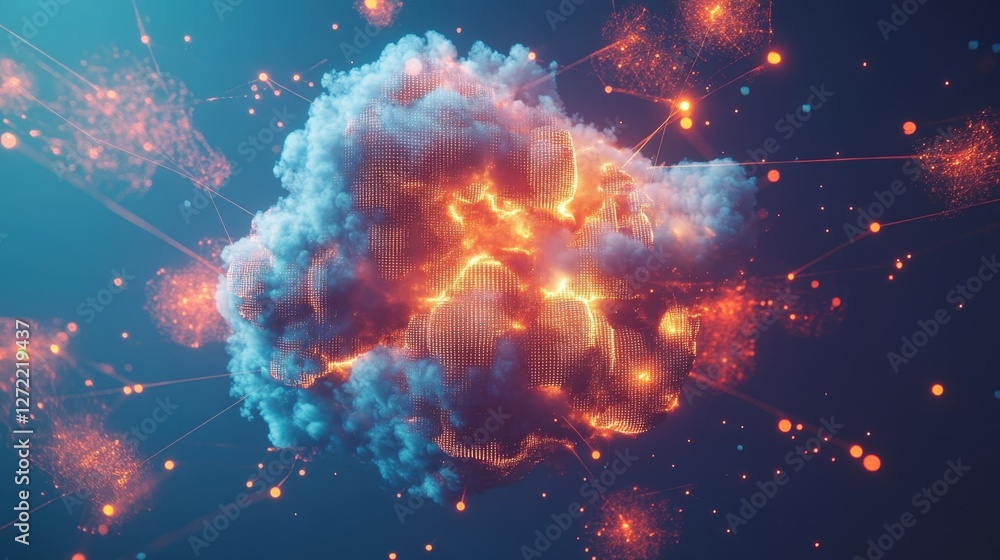 Poster an abstract illustration of a cloud with pixelated edges dominated by luminous padlocks that appear 