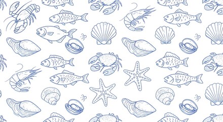 A pattern featuring various marine life illustrations, including fish, shells, and crustaceans, in soft blue tones on a white background.