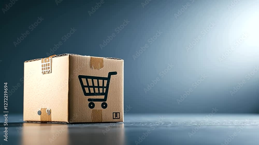 Poster a neatly taped cardboard box with a shopping cart logo, set against a smooth gray gradient backgroun