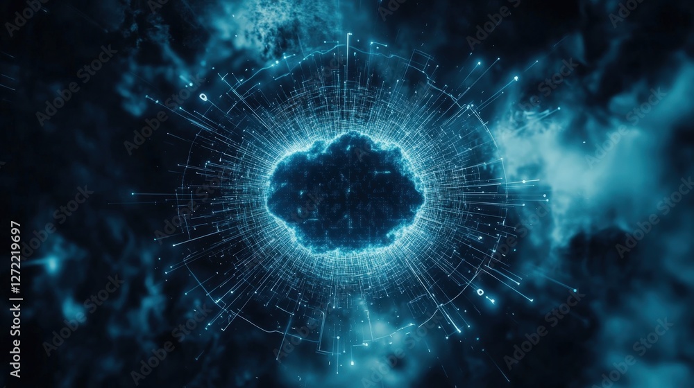 Poster a minimalist design featuring a stylized cloud with a dark blue gradient prominently p in the center