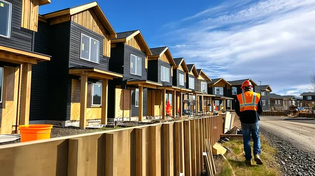 A picturesque neighborhood in development, featuring wooden terraced houses with half-installed siding and workers finishing roofing details