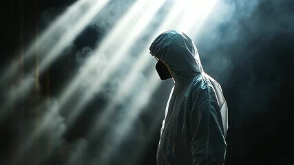 A protective-clad worker managing asbestos tiles in an industrial facility, with shafts of light breaking through the dusty air and reflecting off metallic surfaces