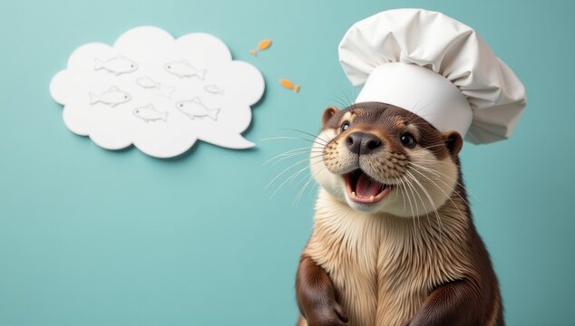 Otter Chef Dreaming Fish Thought Bubble. Perfect for humorous food menus, seafood restaurant promotions, animal themed projects