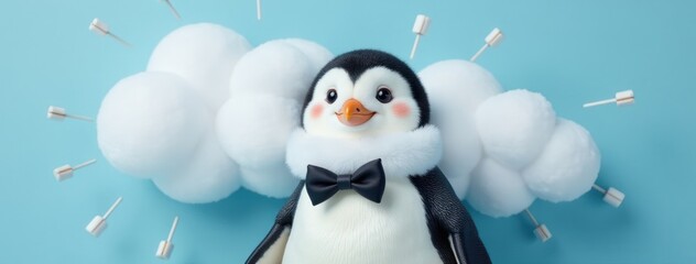 Fototapeta premium Penguin Tuxedo Blank Bubble Ice Cubes Copy Space. For winter announcements, holiday greetings, humorous messages.