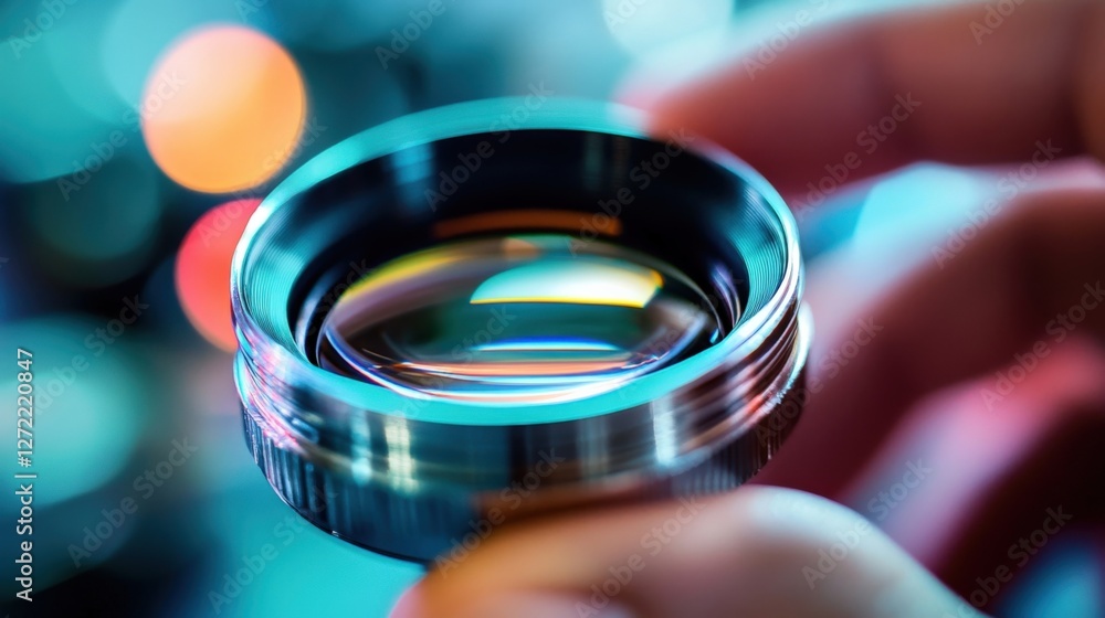 Poster professional videographer holding a camera lens reflecting colorful bokeh lights in a blurred backgr