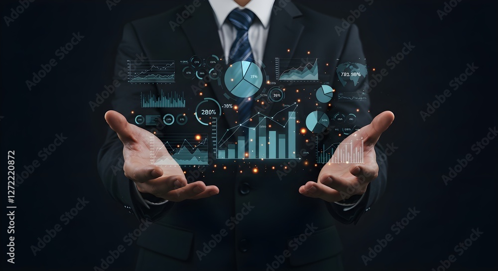 Poster a businessman presents digital graphs and analytics, symbolizing data analysis and business insights