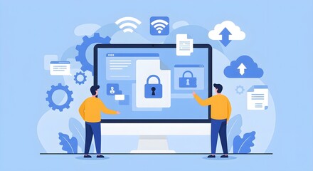 Two individuals interact with a computer screen displaying a locked interface, symbolizing digital security and data protection in a tech-themed environment.