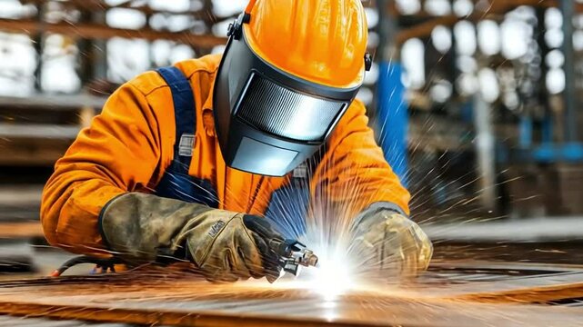 A worker welding metal, creating sparks in an industrial setting.

