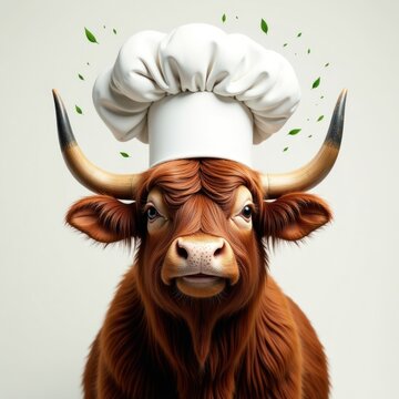 Highland Cow Chef Funny Animal Cook. Perfect for humorous restaurant promotions, farm-to-table marketing, quirky food social media content
