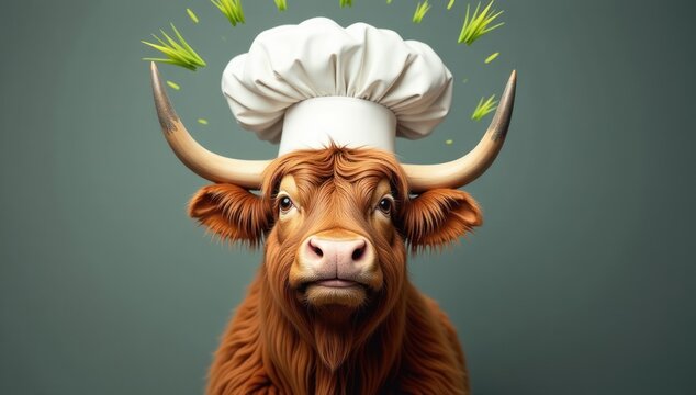 Highland Cow Chef Funny Animal Cook. Perfect for humorous restaurant promotions, farm-to-table marketing, quirky food social media content