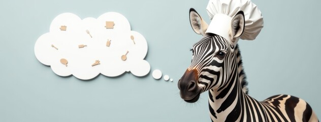Zebra Chef with Kitchen Utensils Thought Bubble Funny Animal Cook. Perfect for quirky restaurant promotions, fun food blogs, creative culinary school marketing materials