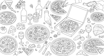 A detailed illustration featuring various pizzas, beverages, and dining accessories, creating a lively food scene.