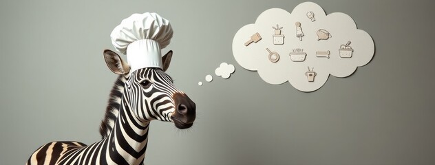 Zebra Chef with Kitchen Utensils Thought Bubble Funny Animal Cook. Perfect for quirky restaurant promotions, fun food blogs, creative culinary school marketing materials