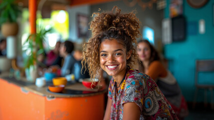 Fototapeta premium A woman with curly hair smiles at the camera