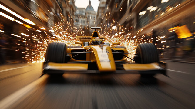 A dynamic shot of a Formula 1 car racing through city streets, leaving a trail of sparks behind.