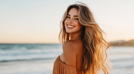 Naklejka premium A happy young woman with long wavy hair smiling at the beach during sunset, with the ocean in the background.