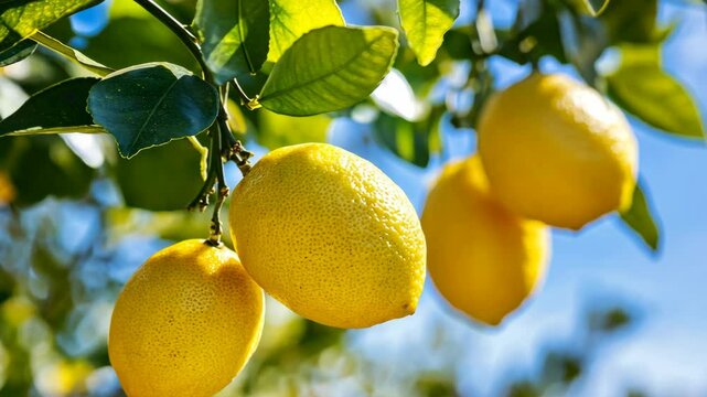 Golden lemons hang from vibrant green branches under a clear blue sky in an orchard during sunny day