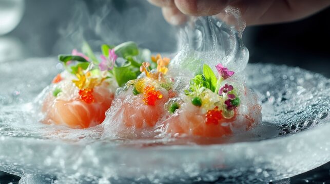 Chef preparing gourmet sushi dish with smoke and foam; fine dining experience; plating art; possible use in culinary magazines or food websites